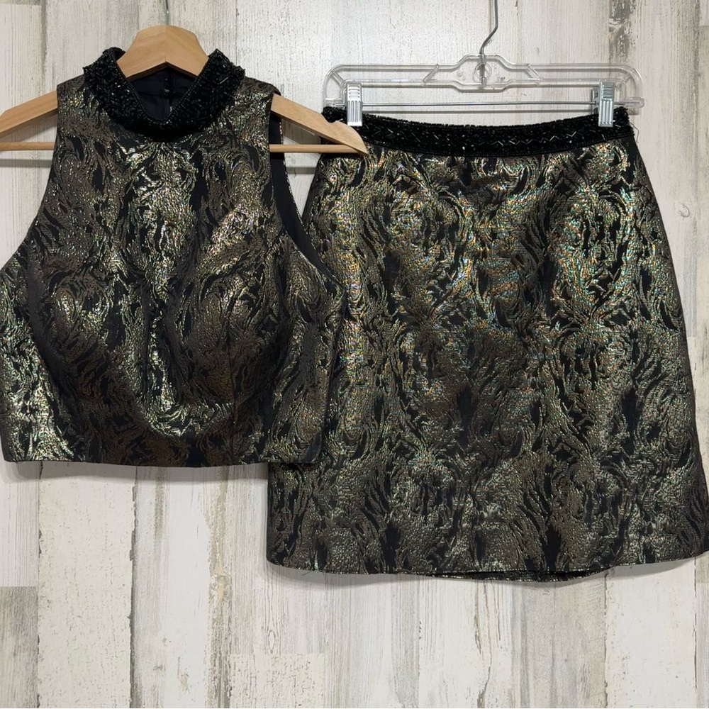 Sherri Hill Black Gold 2 Piece Set Top Skirt Size 6 Party Prom Homecoming